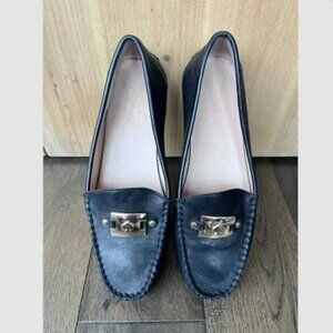Kate Spade Carmen Black Leather Loafers Size 7.5 Gold Hardware Driving Flats